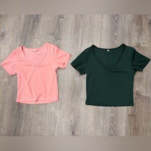 V-Neck Ribbed Women Tops - Pink and Green
